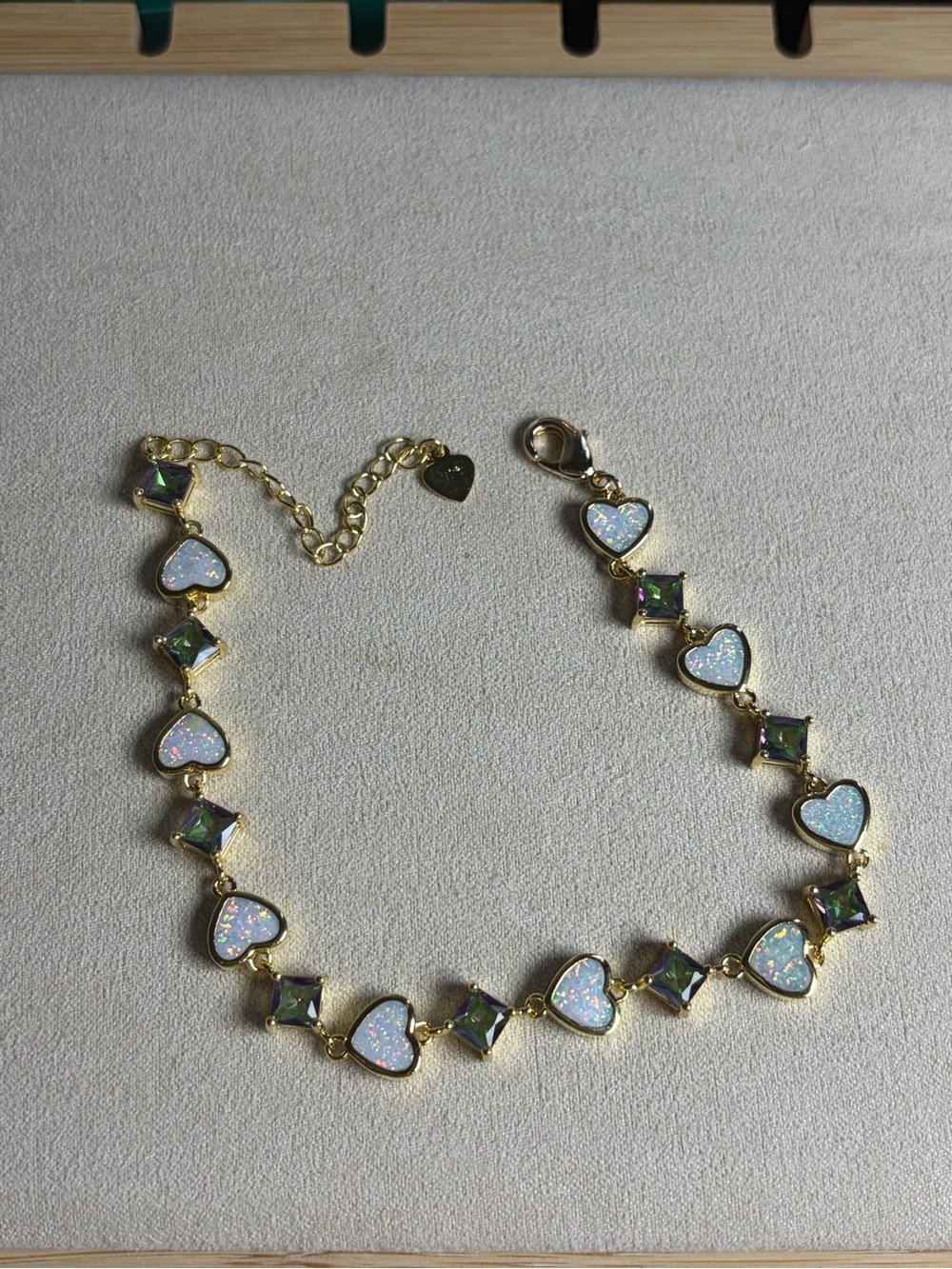 Gold-Tone Heart & Square Opal Bracelet in White Iridescent and Green